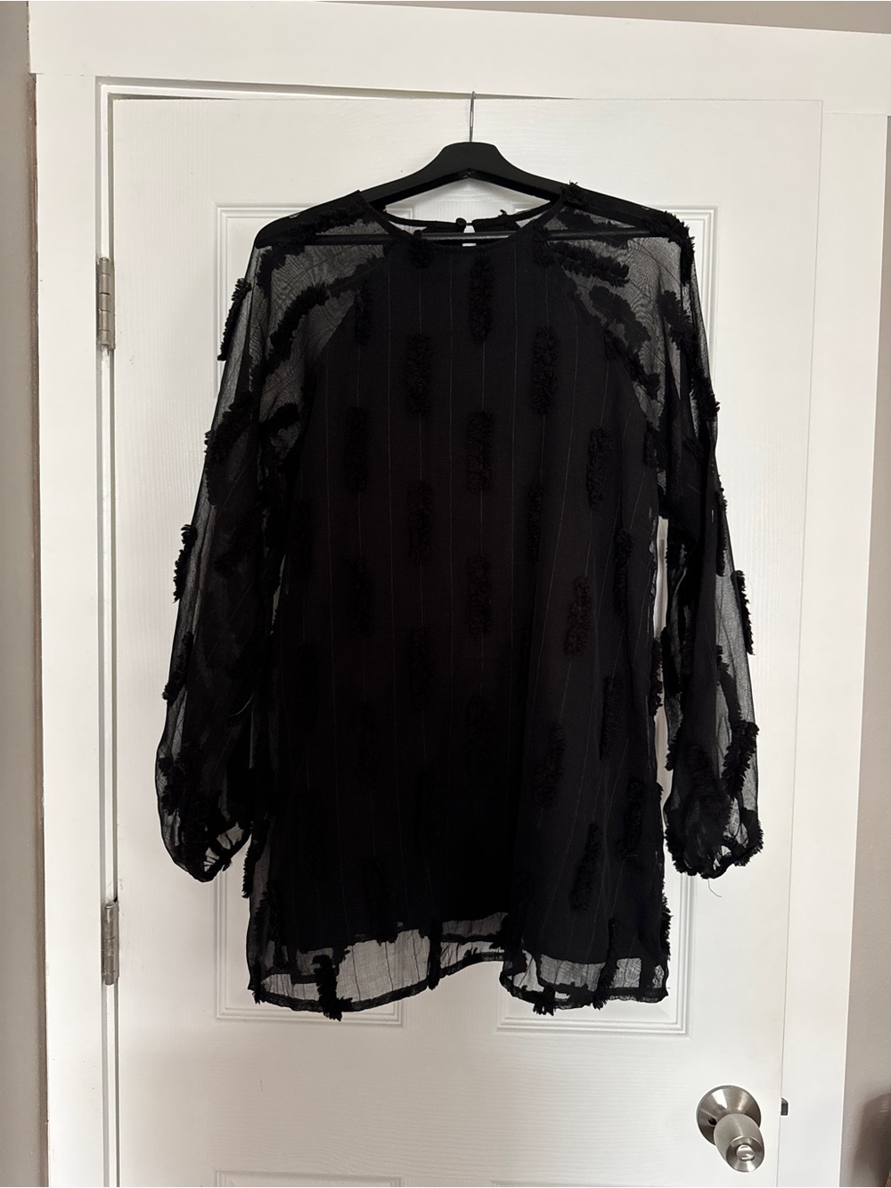 Lena Black Sheer Fringe-Detail Long-Sleeve Dress